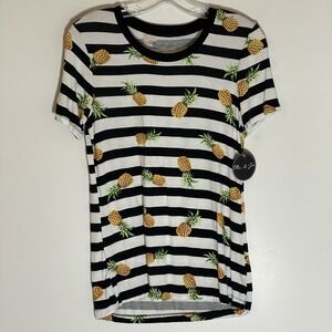 Mic & Jax Top Womens Petite Small Black White Striped Pineapple AOP Tropical Fun